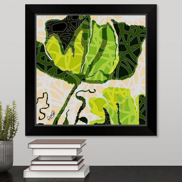 "Large Green And Yellow Abstract Flower" Black Framed Print