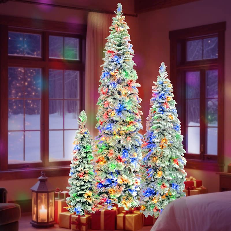 8FT, 6FT, 4FT Pre-Lit Pencil Christmas Trees, Set of 3 Flocked Fir Slim Christmas Trees, 290 LED Lights with 11 Lighting Modes
