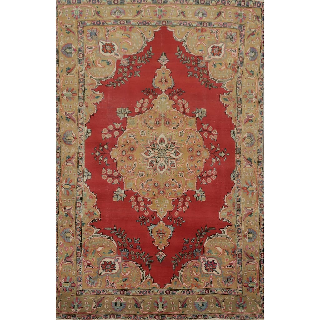 Hand Knotted Oriental 100% Wool Carpet Traditional Floral Red Tabriz Area Rug - 9' 5'' X 6' 2''