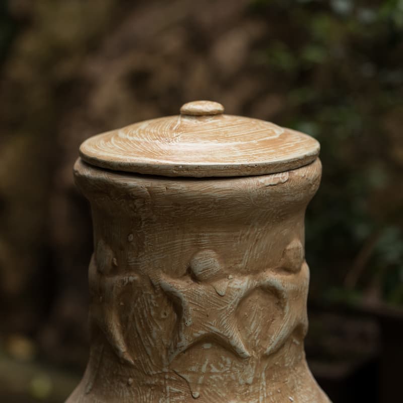 Beige Outdoor Clay Chiminea Fireplace Maya Design Charcoal Burning Fire Pit with Sturdy Metal Stand, Barbecue, Cocktail Party
