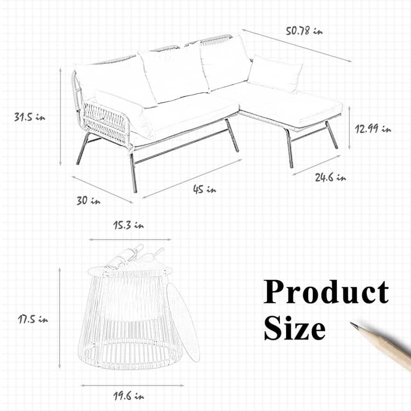3-Piece Outdoor Boho Patio Furniture Set, L-Shaped Sectional Sofa with Ice Bucket Table, All-Weather Wicker Conversation Set