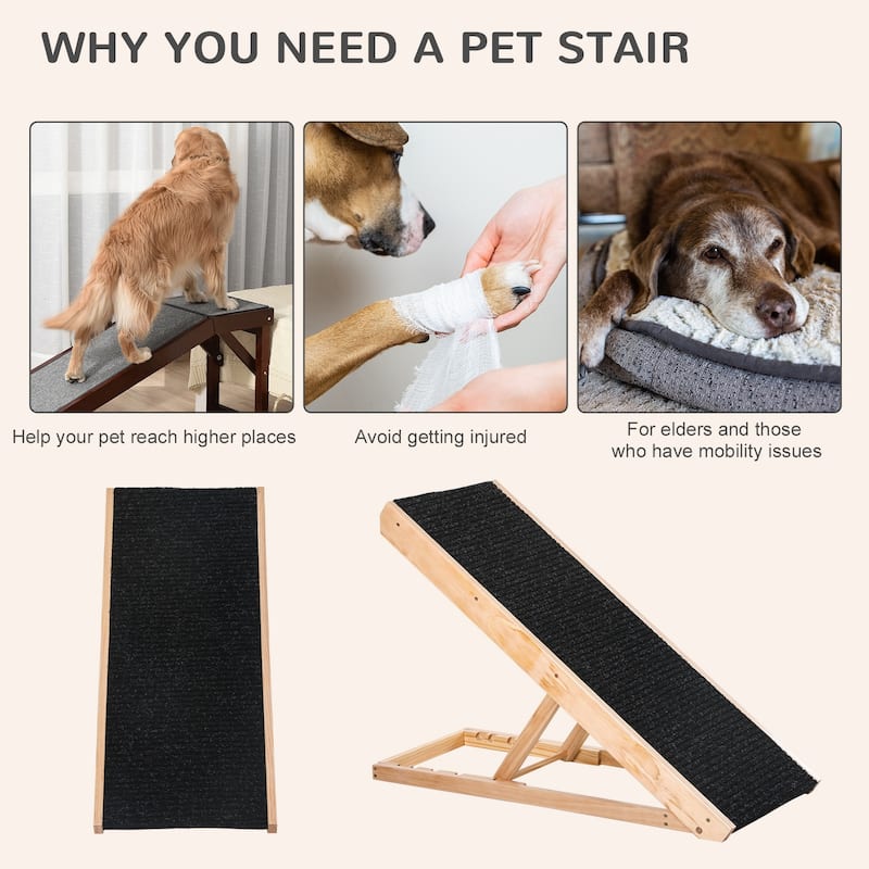 PawHut Pet Ramp Bed Steps for Dogs Cats Foldable Height Adjustable with Non-slip Carpet Pine Wood 35.5"L x 16"W x 24"H Black