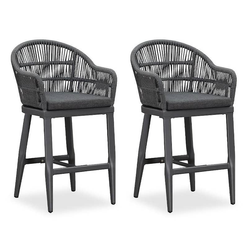 PURPLE LEAF Modern Rattan Bar Stools Set of 2 with Cushion and Back Counter Stools - Grey - Counter Height