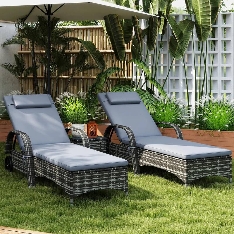 Wicker Chaise Lounge Set,Patio Recliners,Adjustable Back,Table,Cushion