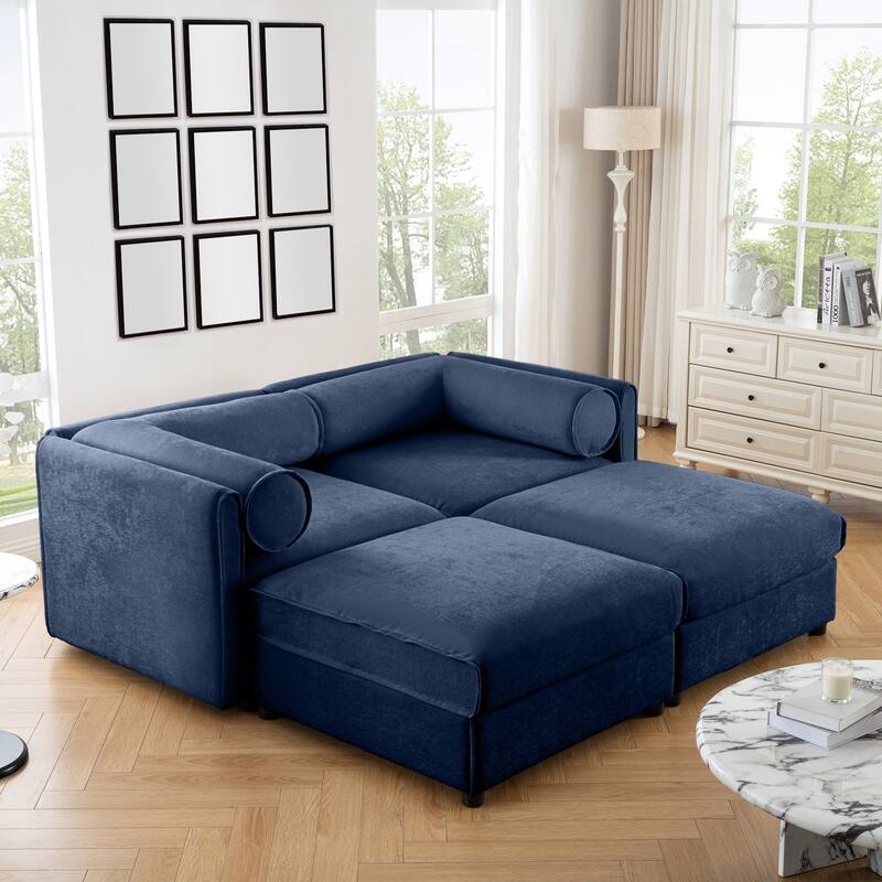Modern Chenille 6-Seater Sofa with Ottoman Storage, Hidden Storage, Cylindrical Cushioned Arms and Backrest