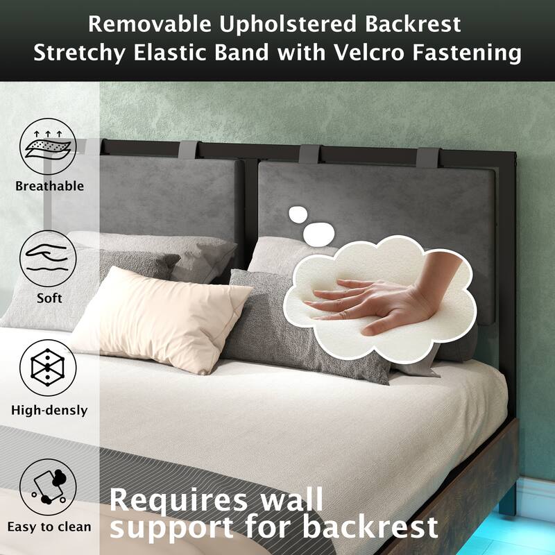 Floating Bed Frame with LED Lights and Hanging Upholstered Headboard, No Box Spring Needed Platform Bed
