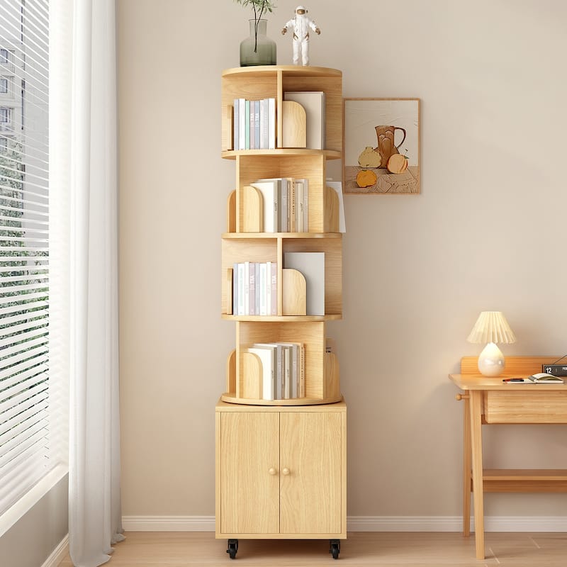 Anmytek 360 Rotating Corner Bookshelf with Wheels Space Saving Storage for Small Rooms - 5 Tier - Oak