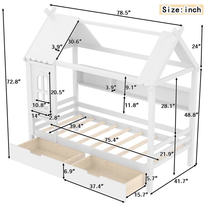 Twin/Full Size Wooden House Bed with Drawers and Shelves, Kids Platform Bed Frame with Window Roof Design