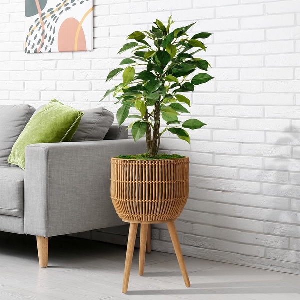 Handmade Rattan Planter with Three Acacia Wood Legs - Bed Bath