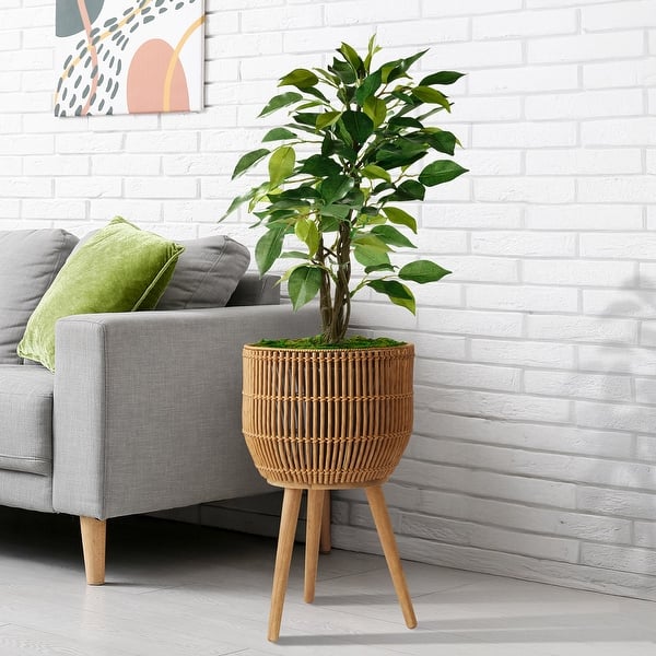 Handmade Rattan Planter with Three Acacia Wood Legs - Bed Bath & Beyond -  43065761