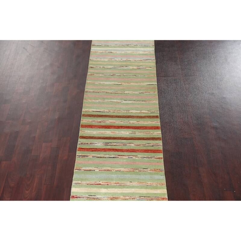 Green Striped Gabbeh Kashkoli Oriental Wool Runner Rug Hand-knotted - 2'8" x 17'9"