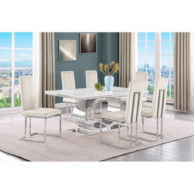 Best Quality Furniture D430/1-SC340-7 Dining Set with 68" White Marble Top - 7-Piece - Cream / Silver