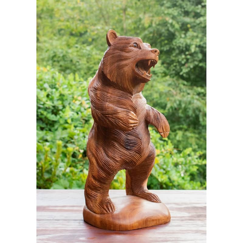 Wooden Hand Carved Grizzly Bear Standing Statue Handcrafted Handmade Figurine Sculpture Rustic Lodge Cabin Indoor Home Decor