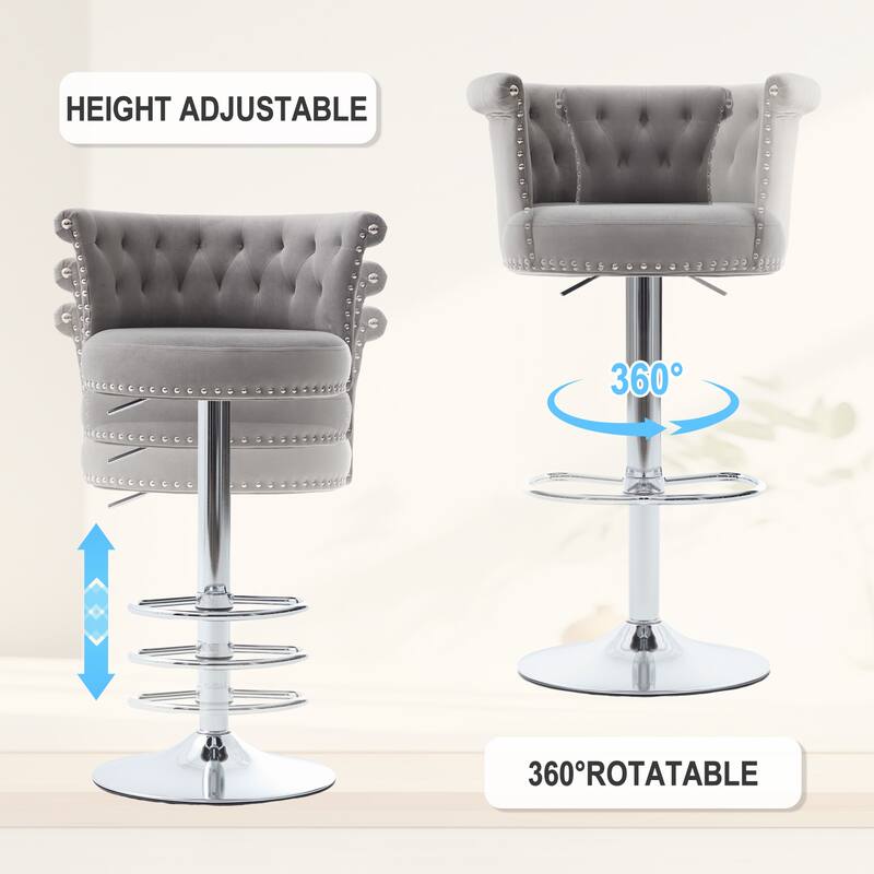 Velvet Bar Stool Set of 2, Adjustable Swivel Bar Stools with Silver Plated Metal Leg, Counter Height Chair
