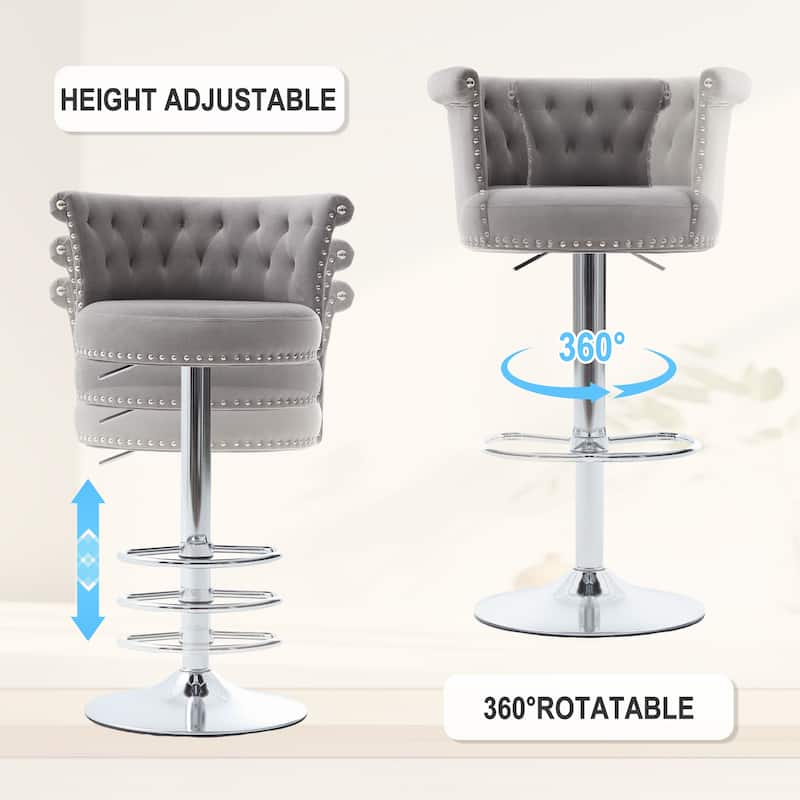 Velvet Upholstered Tufted Nailheads Swivel Adjustable Height Bar Stools with Silver Footrest(set of 2)