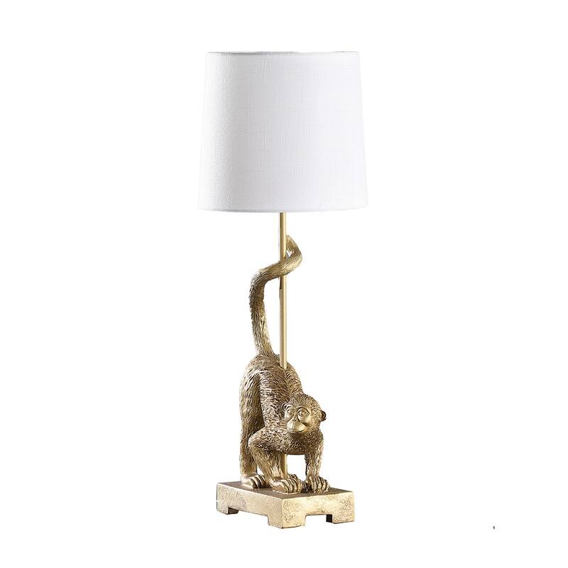 Ree 24 Inch Accent Table Lamp, Monkey Resin Sculpture, Drum Shade, Gold