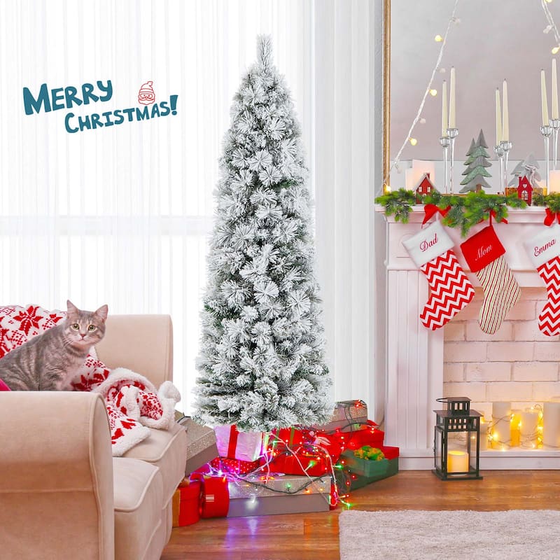 4.5 /6/7FT Pre-Lit Slim Christmas Tree Flocked Decoration w/ Lights