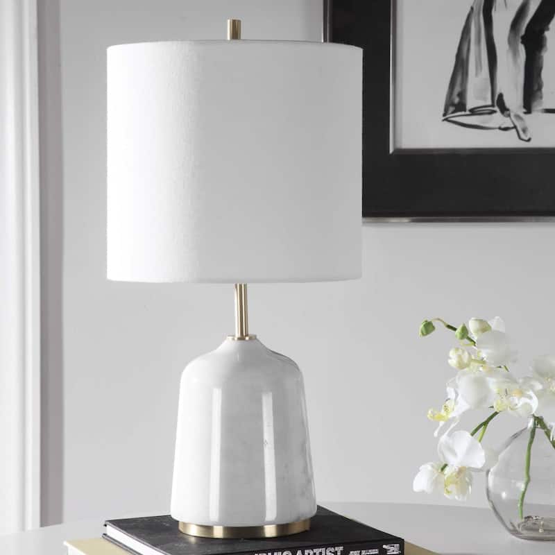 Marble Base Table Lamp with White Drum Shade - 20" - White and Gray