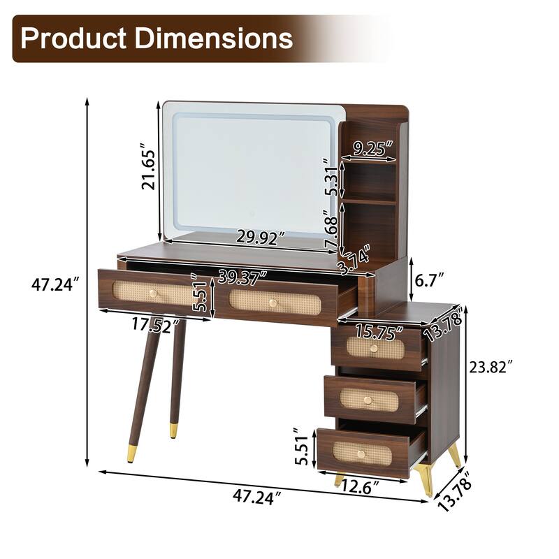 47'' Vintage Makeup Vanity with Mirror and Lights, Dressing Table with 5 Drawers, Storage Shelf & Rattan Design