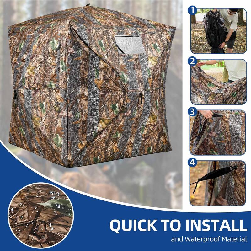 Moasis Hunting Blind 2-3 Person with Hunting Stool, 360 Degree See Through Pop up Ground Blinds for Hunting