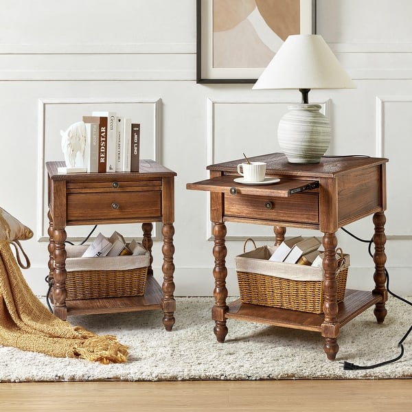 slide 2 of 11, HULALA HOME Eric Traditional 26" Tall Solid Wood End Table with Built-in Charging Station and Extendable Tray Set of 2 Walnut