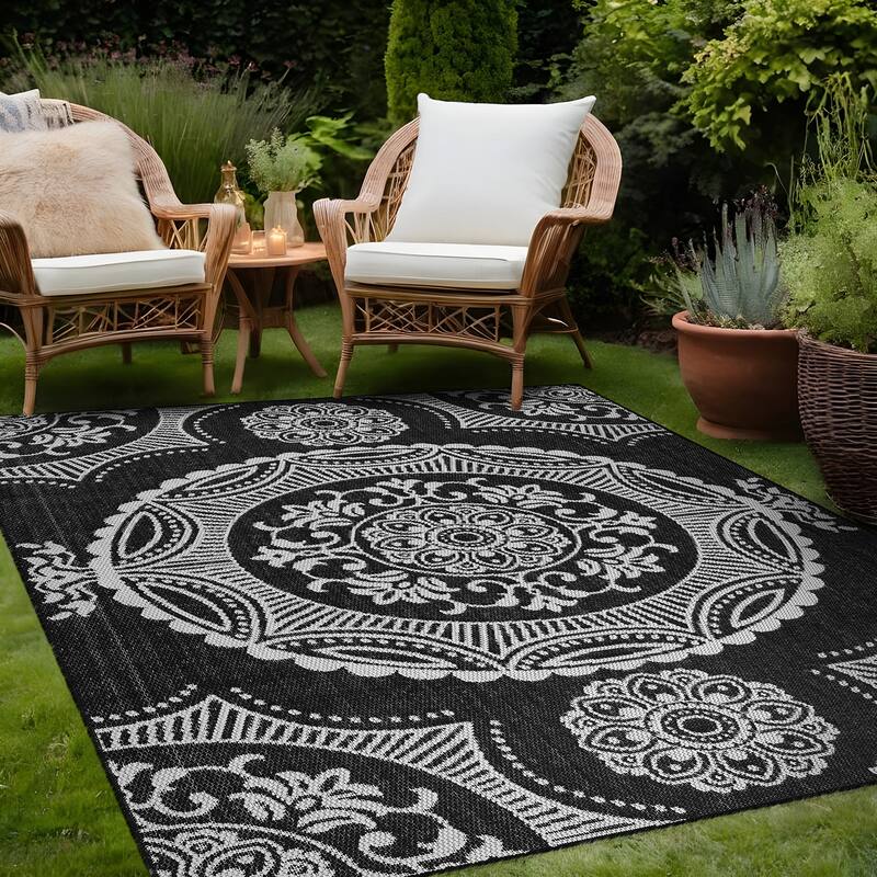 Beverly Rug Blue Medallion Indoor Outdoor Rug, Outside Carpet for Patio, Deck, Porch