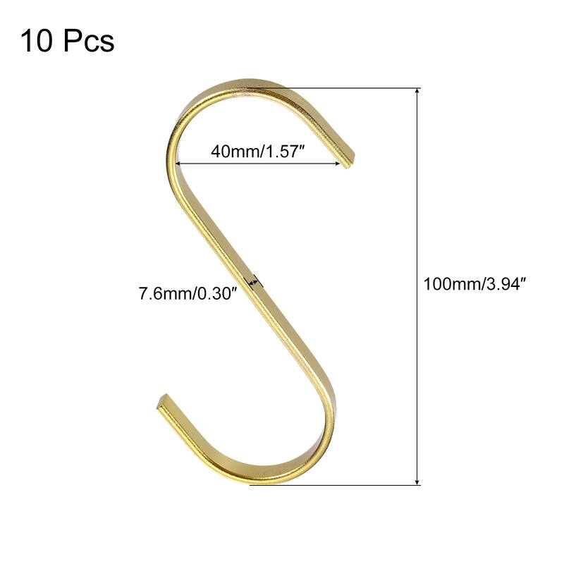 10Pcs 3.9" Flat S Hooks Hanging Hook for Home Kitchen Storage, 7.6mm - Gold