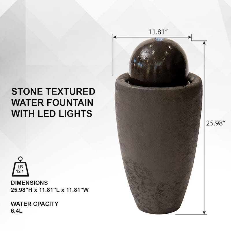 XBrand 25.98"H Modern Round Stone Textured Sphere Water Fountain w/LED Lights, For Indoor/Outdoor, Ball Water Fountain