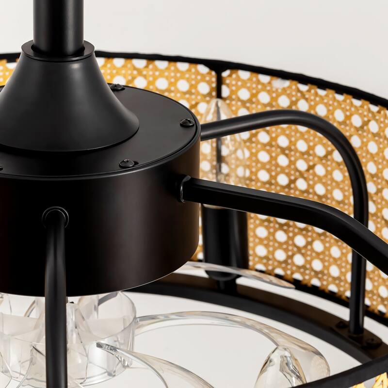 19" Rattan Caged Ceiling Fan With Lights And Remote, 6-Light Boho Woven Round Chandelier Ceiling Fan With Light - 19''-6 Lights