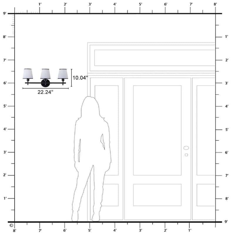 3-Light Matte Black Metal Wall Sconce Ribbed Fabric Shade Traditional