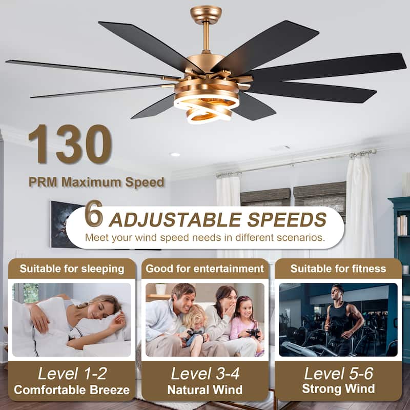 Cusp Barn 52"/72" Modern Large Dimmable LED Ceiling Fan with Lights and Remote, Reversible 8-Blade DC Motor DIY Shape Chandelier