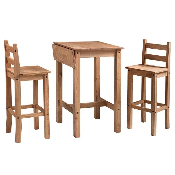 Wood Bar Height Dining Set of Drop Leaf Table and 2 Chairs Corona Collection | Furniture Dash - Antique brown color stain.