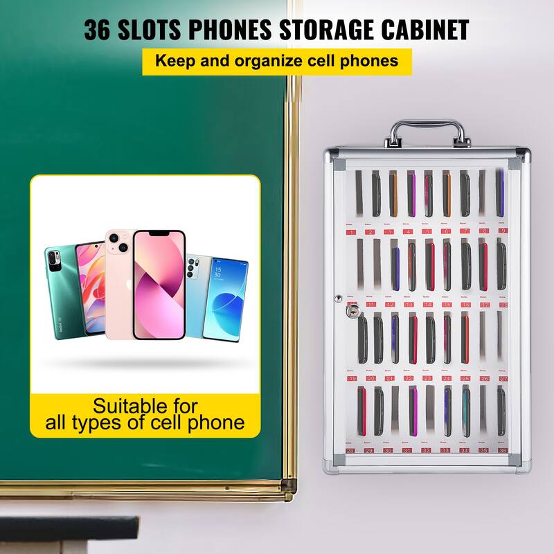 36 Slots Cell Phone Cabinet Silver Aluminum Alloy Pocket Chart Storage Locker Box with Portable Handle, Key Lock