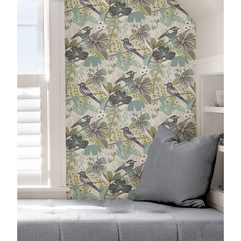Pip & Lo Grey Aqua Jaybird Peel & Stick Wallpaper