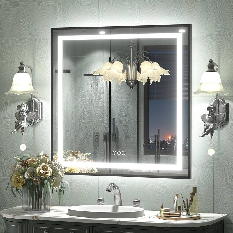 Black Metal Framed LED Front Light and Backlit Anti-Fog Wall Bathroom/ Vanity Mirror - 32" x 32"-Square Corner - Black