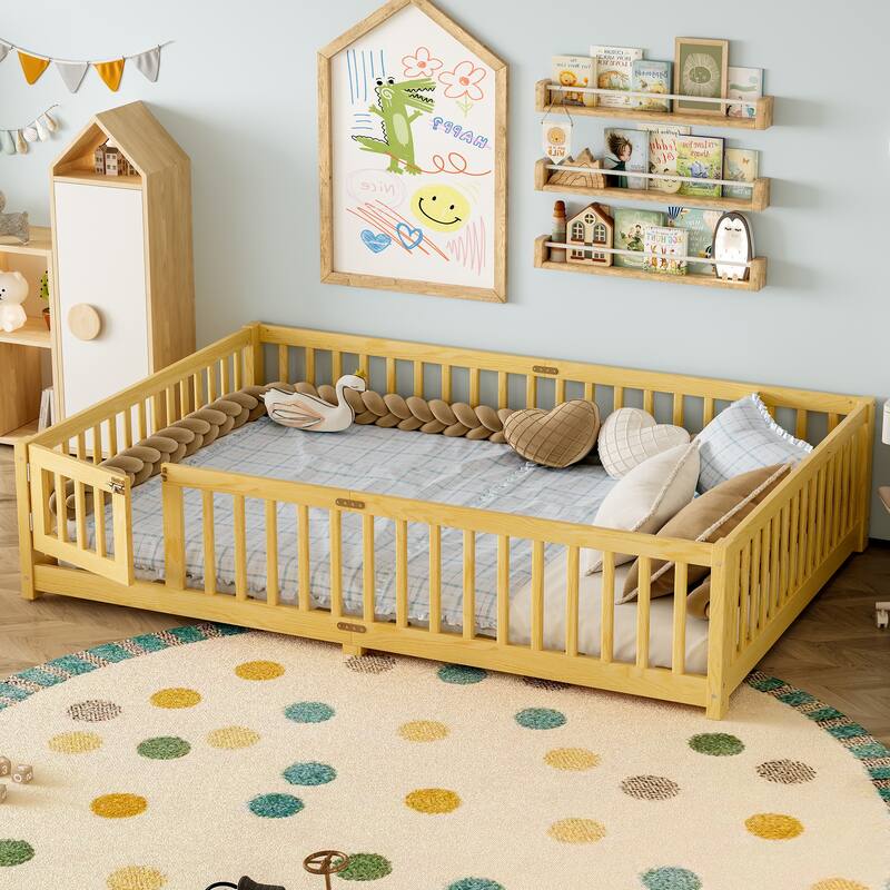 Queen Size Bed Floor Bed with Safety Guardrails and Door for Kids
