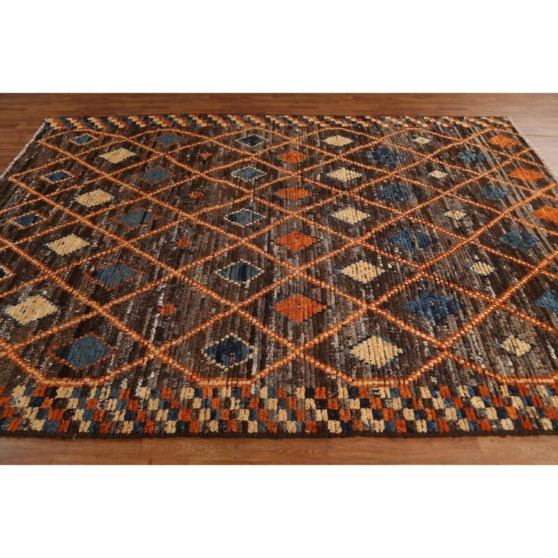 Hand Knotted Oriental 100% Wool Carpet Modern Tribal Brown Moroccan Area Rug - 9' 9'' X 6' 9''