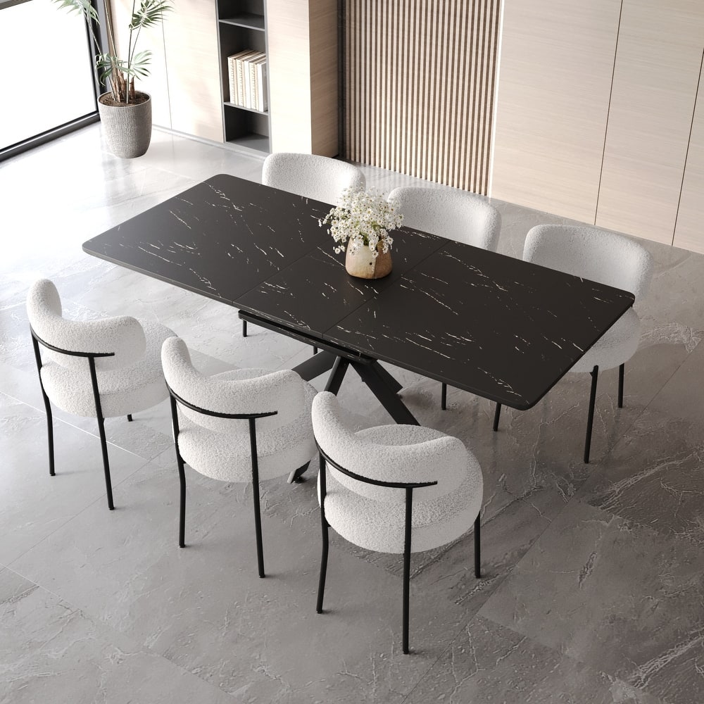 Modern Dining Set with Rectangular Extendable Table & Curved Backrest Round Chairs