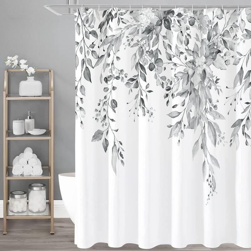 Eucalyptus Shower Curtain, Watercolor Plant Leaves with Floral