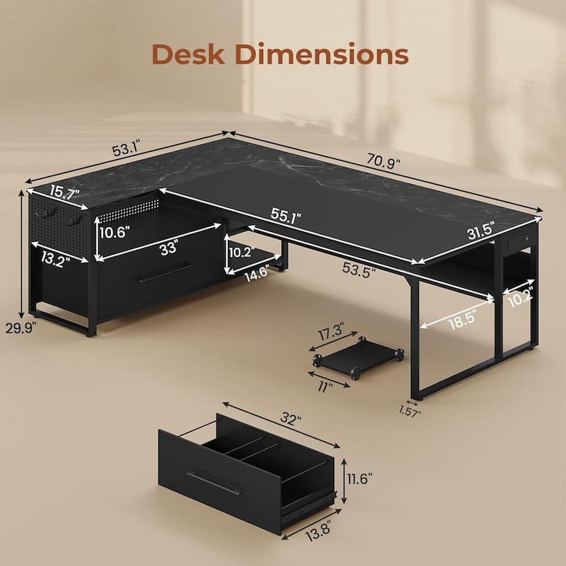 Executive Desk L Shaped Desk File Drawers Power Outlets Computer Desk
