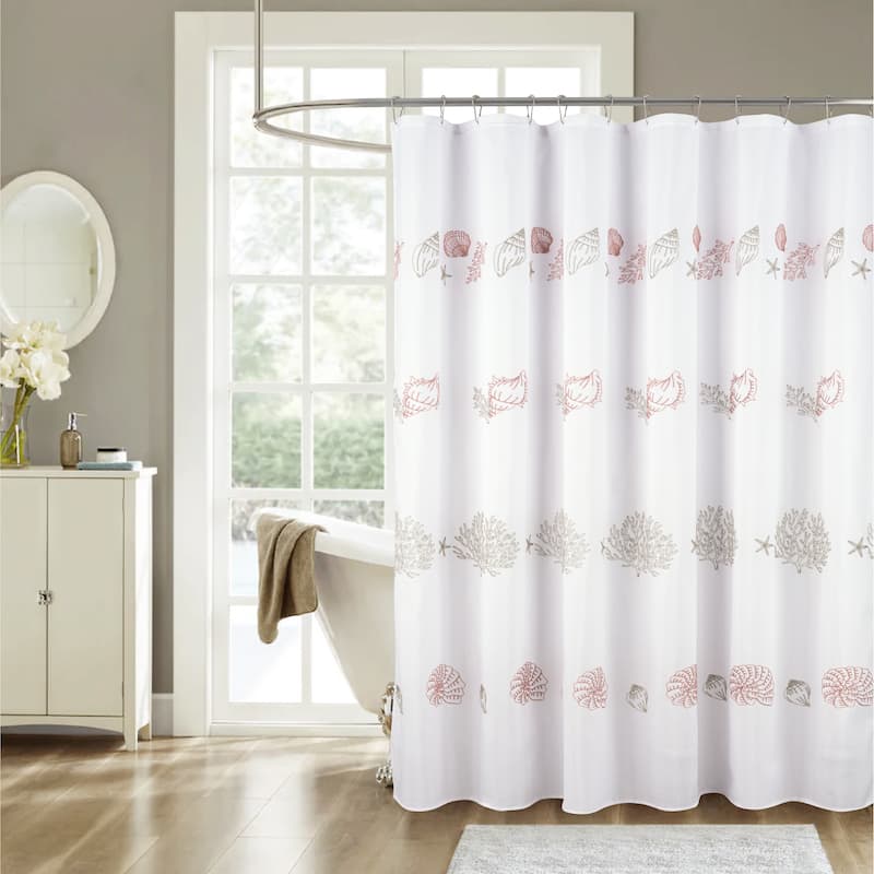 Seashells Coastal Embroidered Shower Curtain - Shell - Coral
