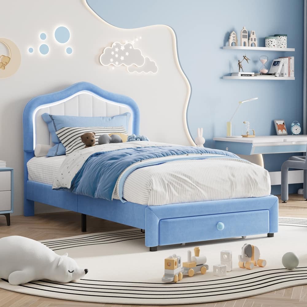 Upholstered Bed Frame with Storage Drawers, Adjustable Headboard