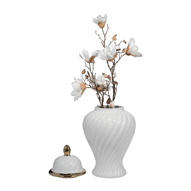 Sagebrook Home Ceramic 20" Swirl Temple Jar, White/Gold, Cylinder, 20"H, Swirl - 11" x 11" x 20"