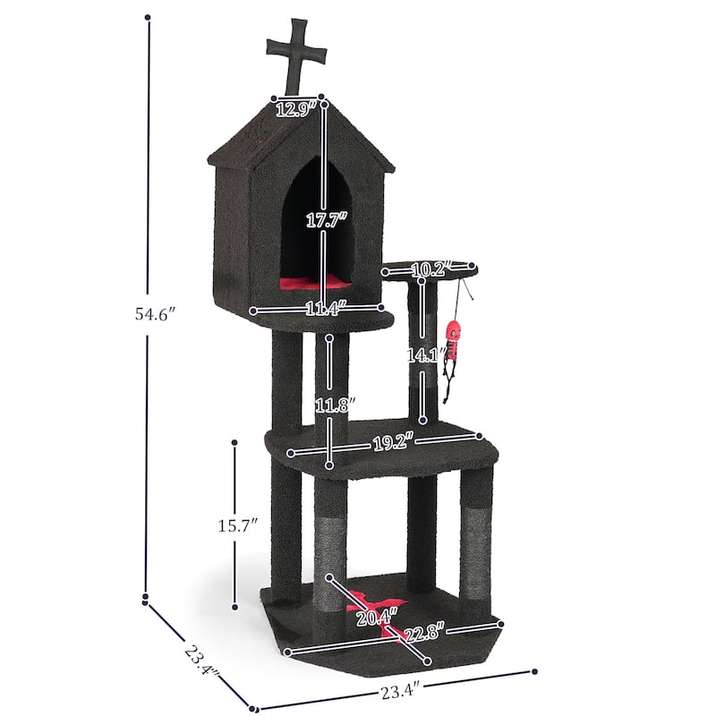 57" Gothic Cat Tree with Multi-Level Platforms and Scratching Posts Cozy Condo and Coffin Bed