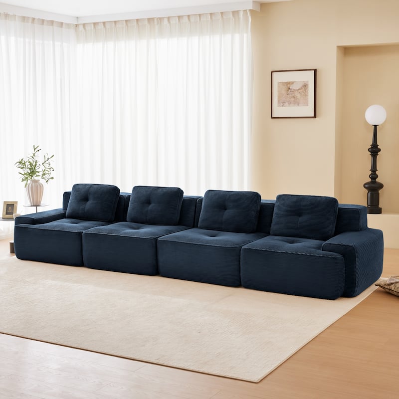 Roomfitters No Assembly Modular Sofa, 117 Inch Corduroy 3-Seater with Piping, Blue