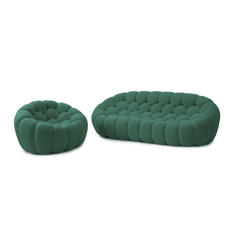 2PCS 3D Honeycomb Fabric Upholstered Bubble Sofa, 3 Seater Bubble Couch and Single Sofa for Living Room