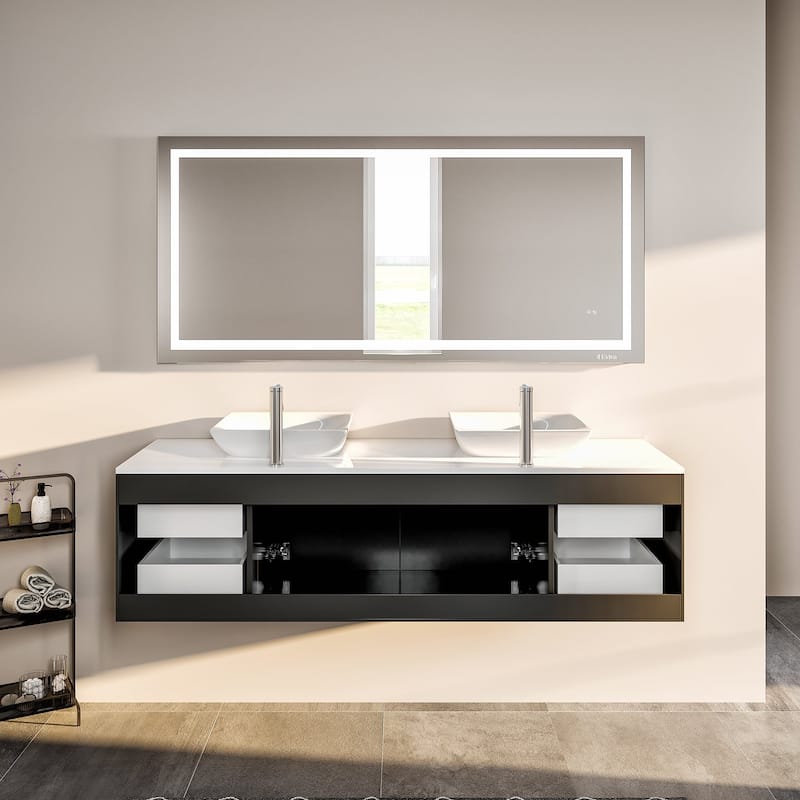 Totti Wave 72" Espresso Modern Double Sink Bathroom Vanity w/ White Glassos Top & Sinks