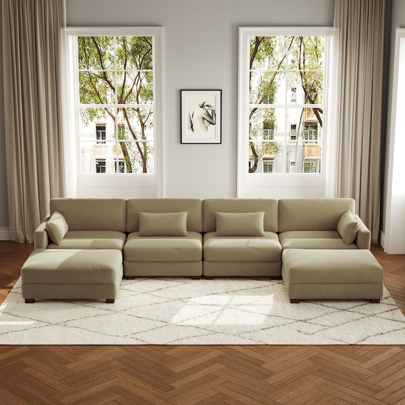 6-Piece U Shaped Couch Modular Sectional Sofa with Ottoman - Camel