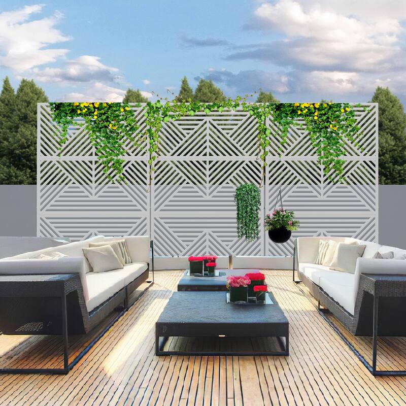 Metal Privacy Screen Wall Decoration Free Standing-6.3 ft. H X 4 ft. W - Zodiac - White
