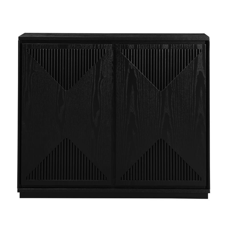 V-Shaped Fluted Storage Cabinet, Multi-Functional Narrow Side Cabinet, Wood Buffet Cabinet with 2 Doors & 2 Outlet Holes